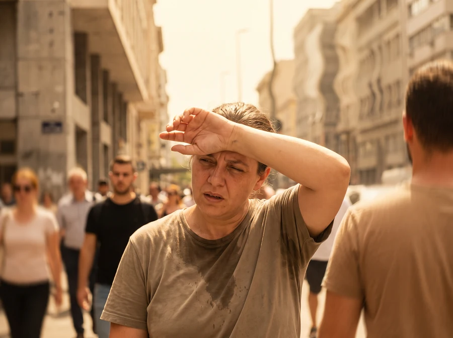 Personne en sueur pendant une canicule en ville